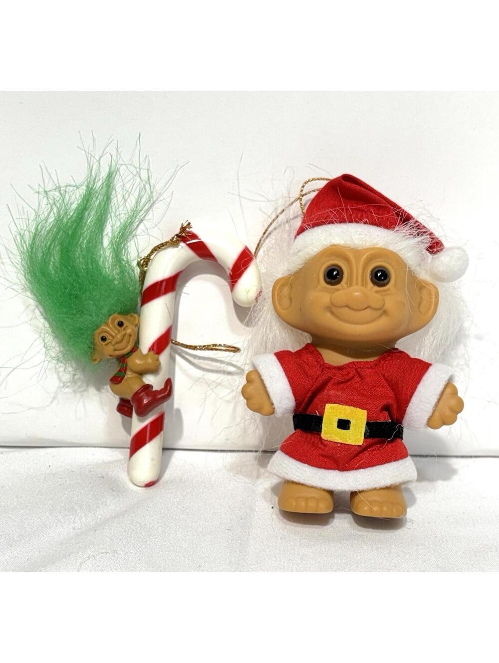 Vtg 90s Russ Berrie Christmas Troll Doll Ornament Lot Santa & Candy Cane